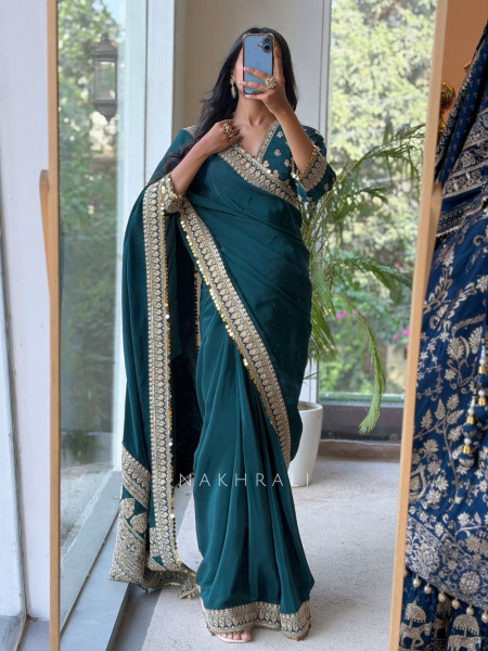 Thalassa Coin Green Chinon Georgette Saree