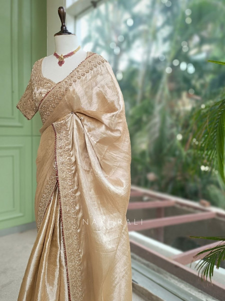 Gilded Noor Golden Premium Tissue Silk Blend Saree With Readymade Blouse