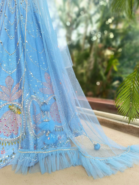 Aurora Bloom Blue Lehenga with Sequin, Mirror, Pearl and Cut Dana Work