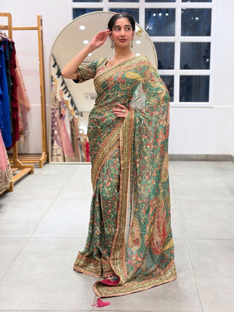 Image of Talia Teal Green Chinon Crepe Silk Blend Saree