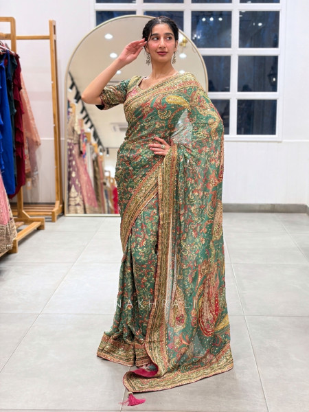 Talia Teal Green Chinon Crepe Silk Blend Saree