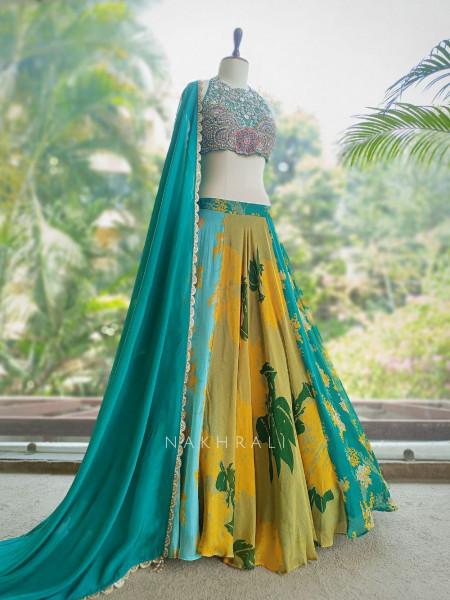 Harit Multicolour Indo Western Lehenga Set with Embroidered Blouse & Printed Skirt