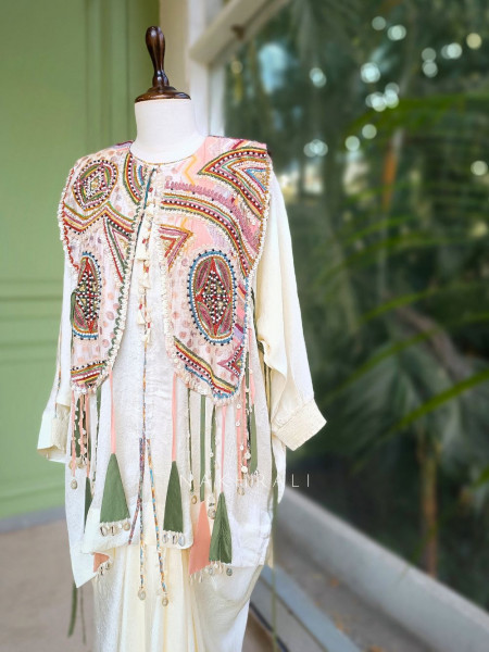 Elaria Cream Indo-Western Jacket Set with Embroidery