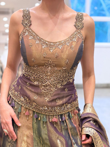 Itrh Brown & Green Tissue Silk Indo-Western Lehenga