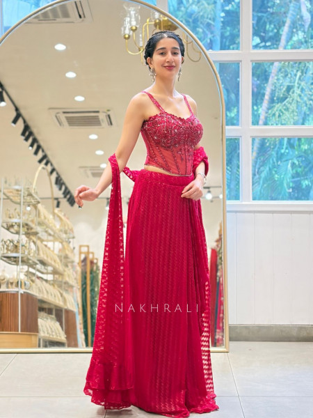 Magenta Sequin Mirror Drape Saree