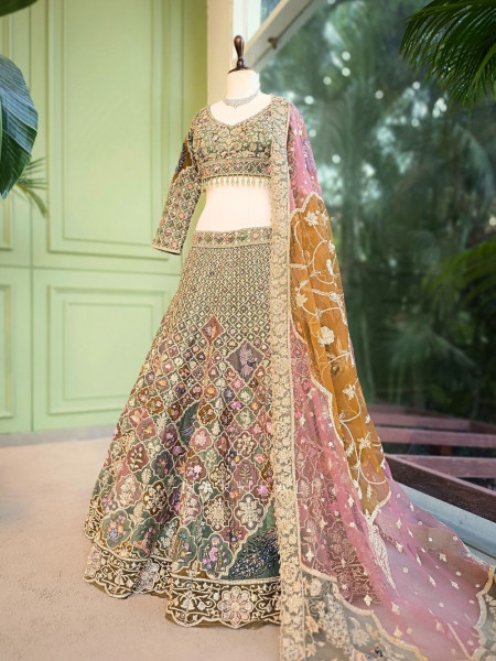 Kivra Green Lehenga Set with Multicolor Embroidery and Dupatta