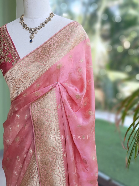 Solmira Pink Tissue Silk Saree with Running Blouse Piece