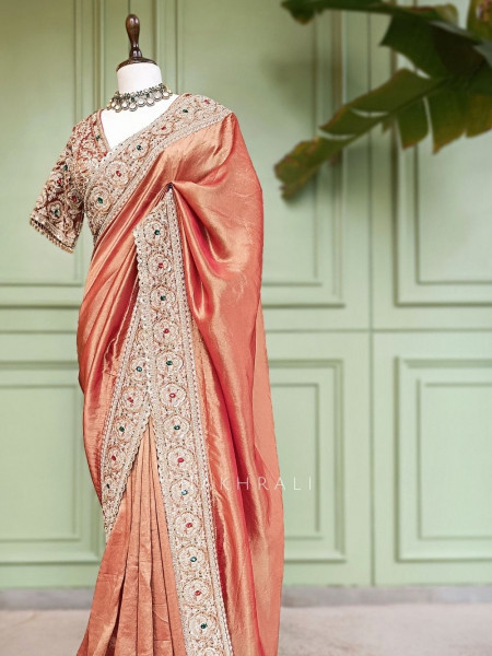 Bloomcrest Peach Embellished Saree with Readymade Blouse