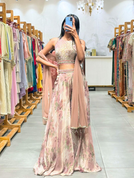 Kiyana Lilac Indo Western Crop Top Plazzo Set with Stone Work