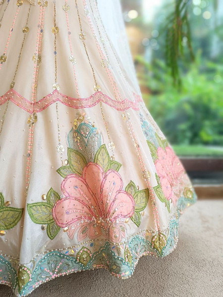 Solaris Petal Off-White Satin Silk & Soft Net Lehenga
