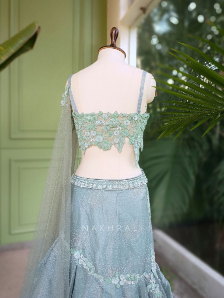 Serenya Sea Green Indo-Western Lehenga Set with Floral Embroidery