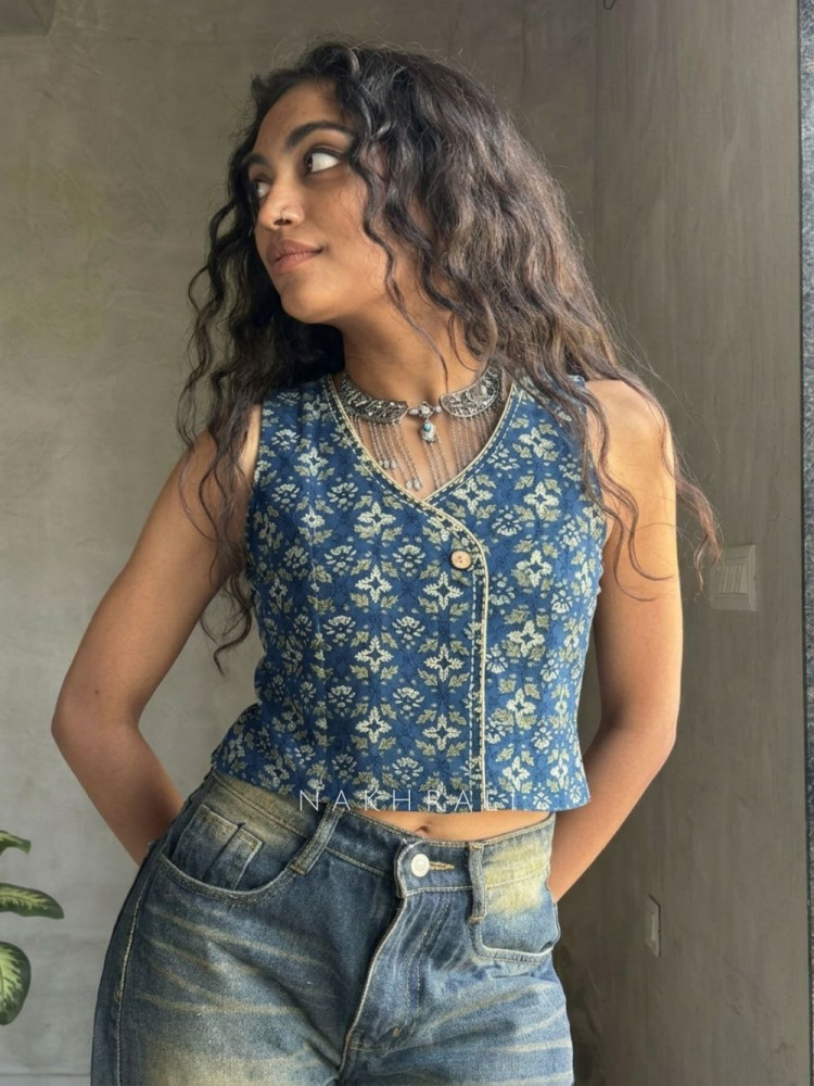 Image of Flexora Blue Printed Sleeveless Top with Overlap Neck Detail