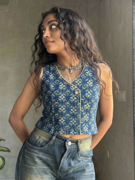 Flexora Blue Printed Sleeveless Top with Overlap Neck Detail