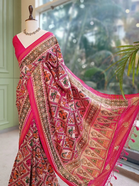 Varnamala Red Patola Silk Saree with Multicolor Elephant & Peacock Motifs and Zari Border