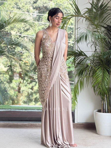 Aurelia Lattice Brown Drape Saree