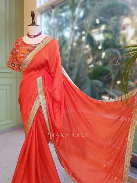 Rati Orange Saree with Gota Patti Border & Multicolor Embroidered Readymade Blouse