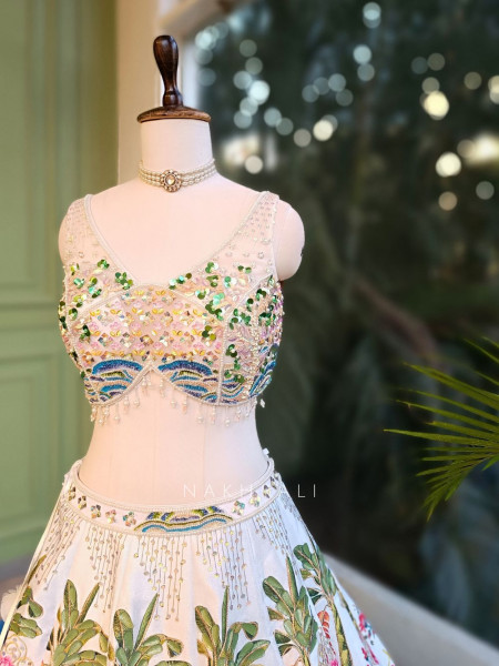 Royal Canvas White Printed Lehenga with Sequin Bead Work