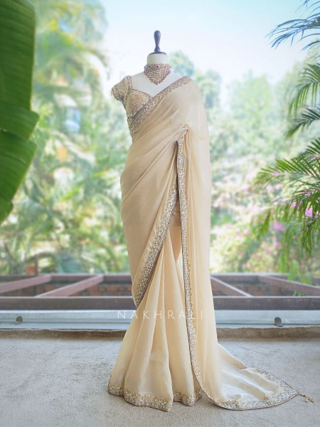 chandrika Golden Saree with Mirror Sequin and Cut Dana Border