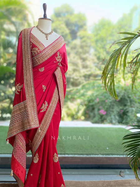 Tarang Cherry Red Saree With Zardozi, Pitta & Gota Patti Work