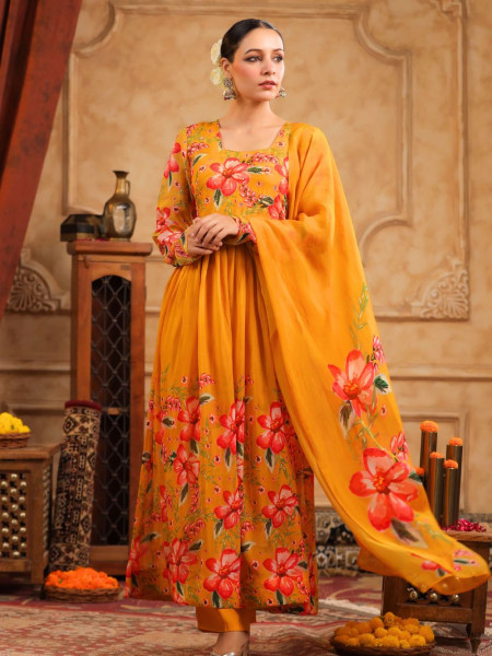 Gulzaar  Yellow Organza Anarkali Suit Set with Floral Print