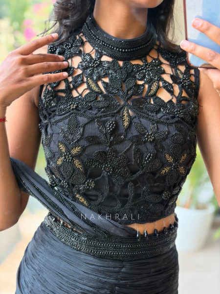 Shadowed Black Crushed Georgette – Pre-Draped Saree with Blouse