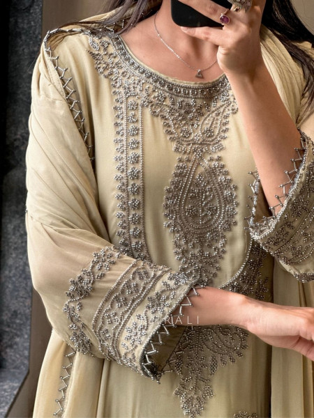 Ira Green Mehendi Georgette Suit Set with Zari Sequin Work