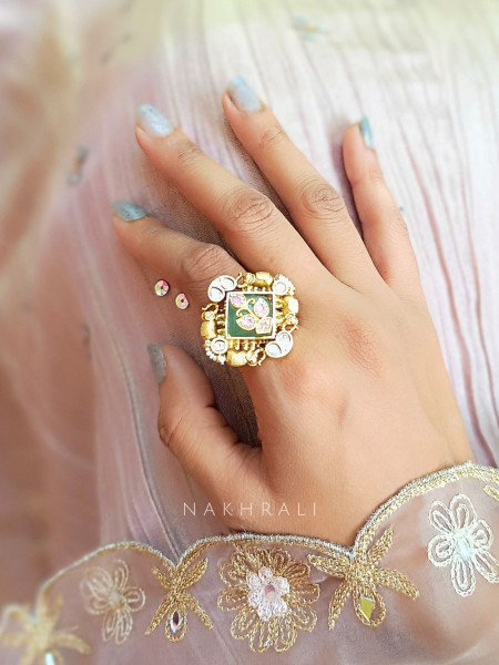 Royal Enamel Green Square Ring with Kundan & Pearl Detailing