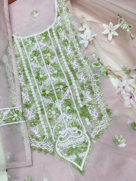 Foliage Frost Pink Organza Luxury Dress Material