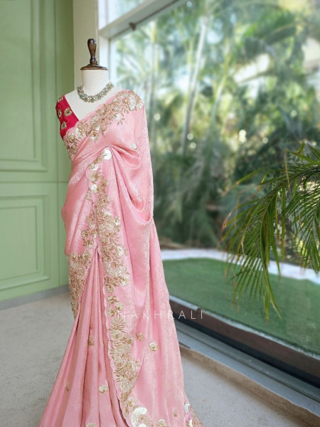 Dimensional Petal Pink Saree with Running Blouse Piece