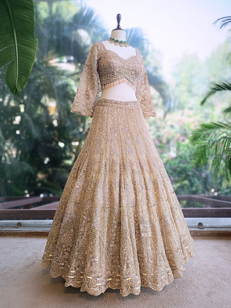 Kavros Beige Lehenga Set with Cut Dana & Sequin Work