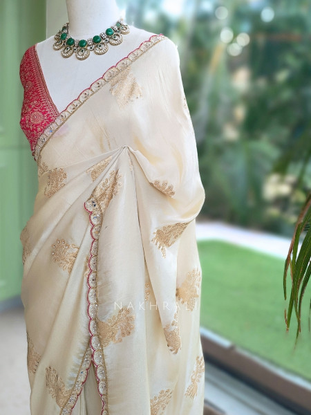 Kusumrekha Cream Georgette / Chinnon Silk With Saree with Contrast Running Blouse