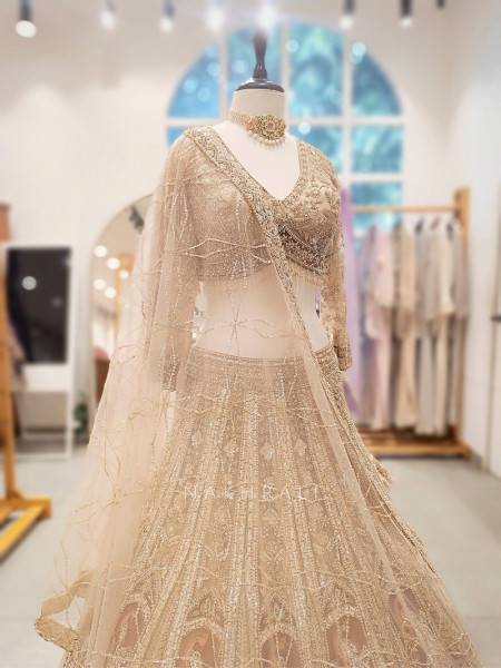 Seraphine Beige Lehenga Set with Zari and Sequin Work