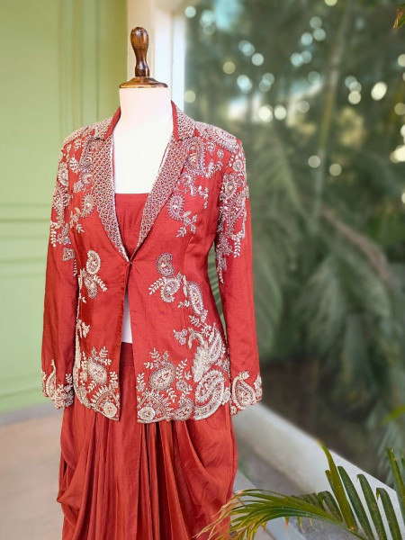 Velira Rust Embroidered Crop Top Skirt Set with Jacket