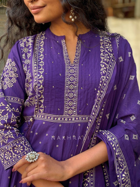 Neelohit Purple Cotton Anarkali Printed  Suit Set with