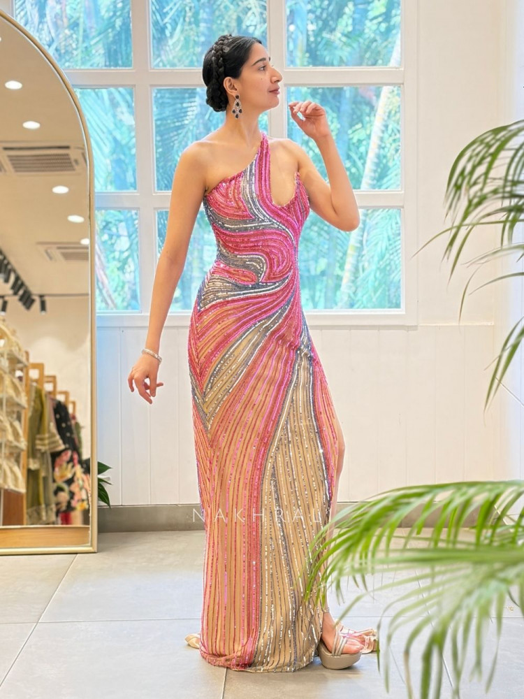 Image of Sorelia Pink One-Shoulder Sequined Gown with Beadwork