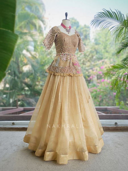 Kanisha Golden Indo-Western Lehenga Set with Embroidered Peplum