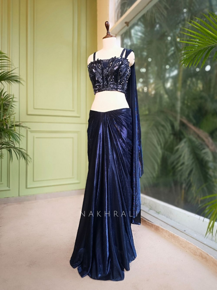 Image of Neelvira Blue Crop Top Drape Skirt Set with Sequin &amp; Cut Dana Work