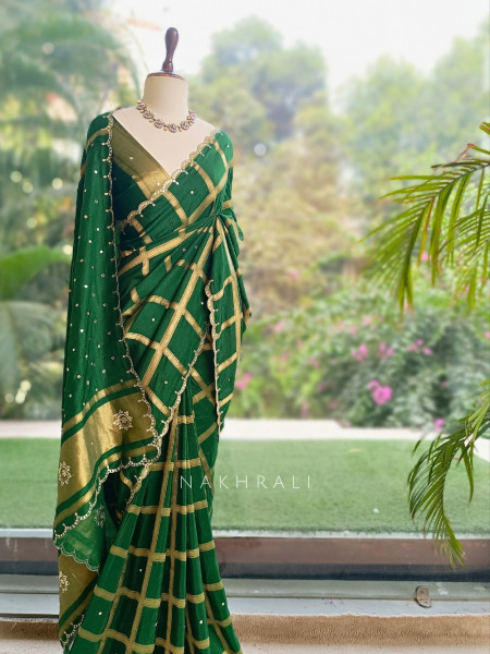 Asmi Green Chinon Silk Zari Check Saree
