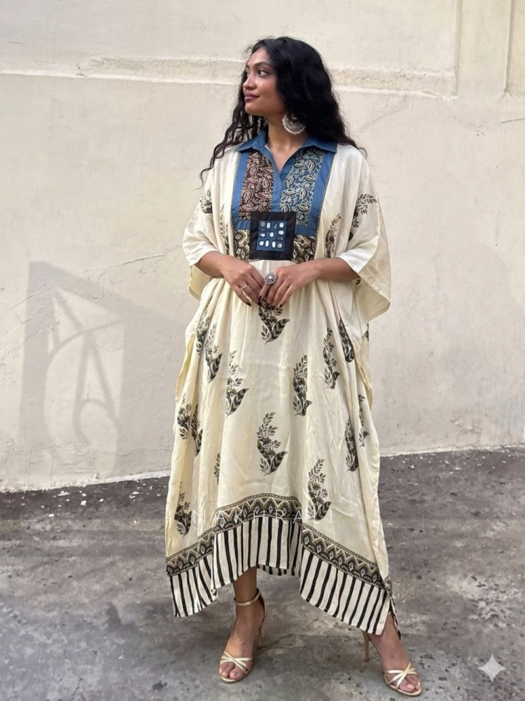 Image of Boho Drift Cream Printed Kaftan Dress