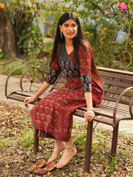 Rozana Red Cotton Pant Kurta Set with Patch Work