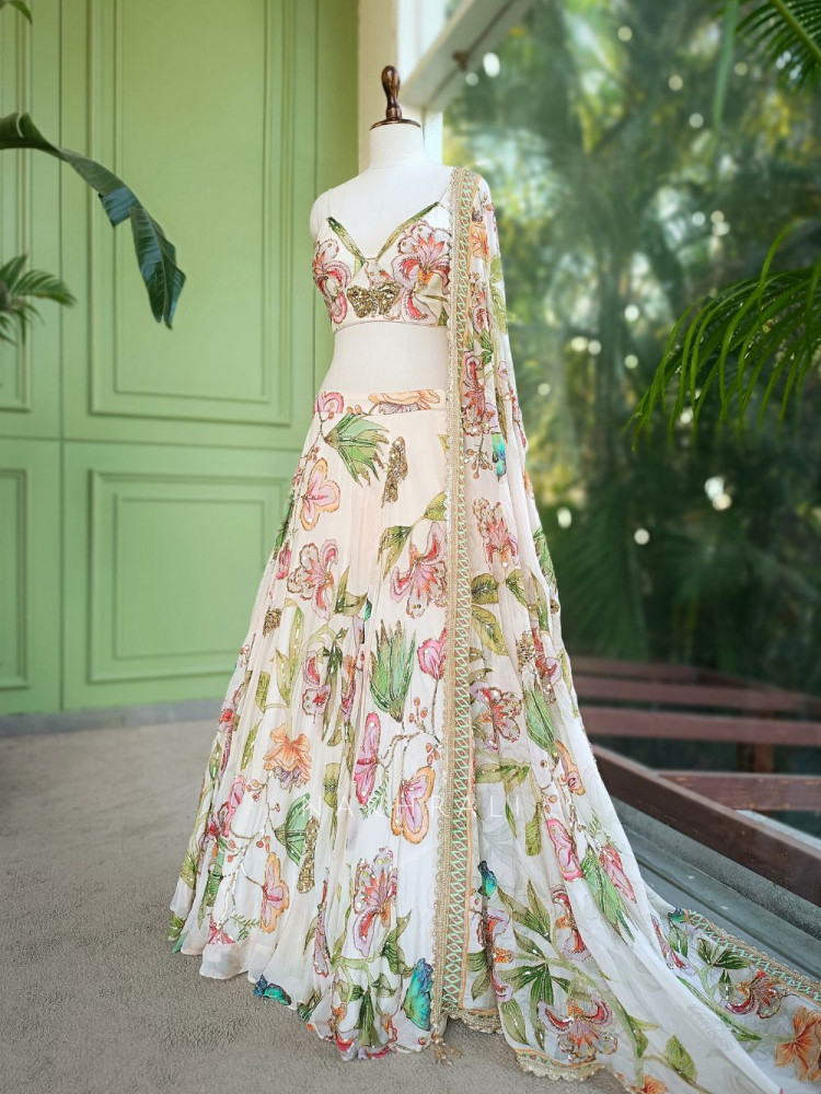 Image of Averelle Off-White Floral Indo-Western Lehenga with Sequin Embroidery