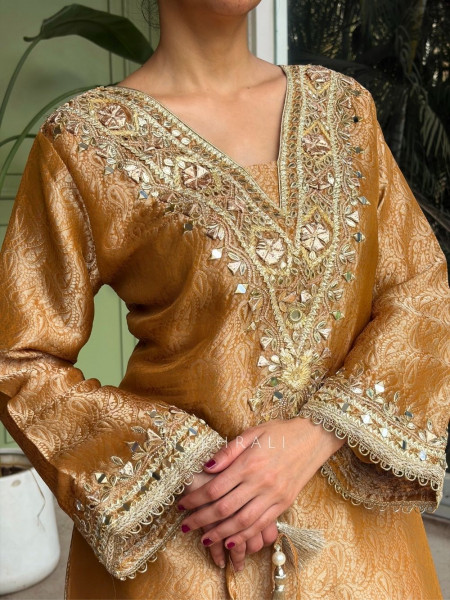 Kyra Mustard  Straight Dress with Mirror Zari Work