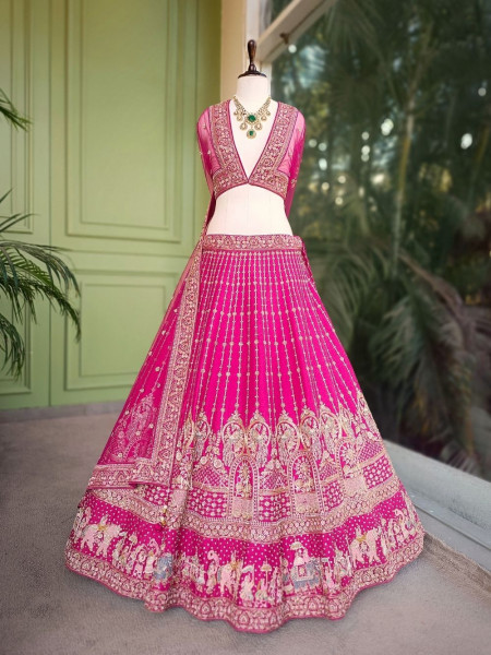Suhira Magenta Unstitched Bridal Lehenga with Heritage Zari Work
