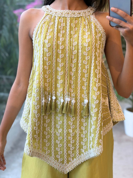 Citrine Parrot Green Indo Western Palazzo Set with Bead Work & Tassel Neck Detail