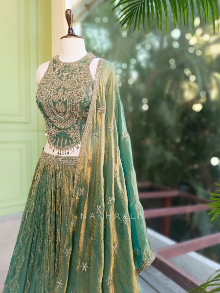 Mirelle Sea Green Lehenga Set with Embroidery and Mirror Work