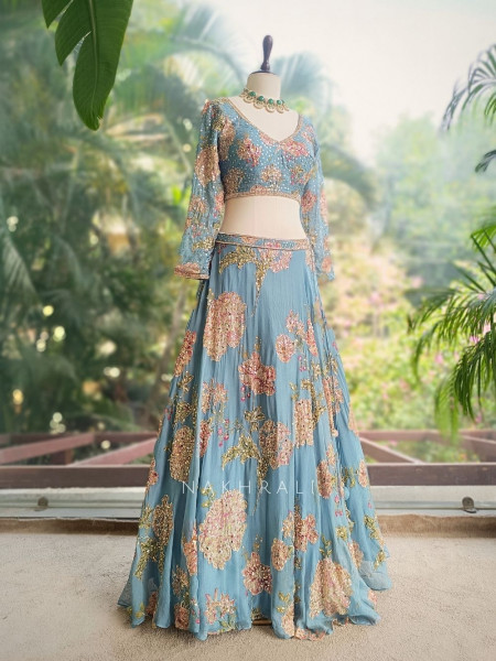Vihana Sky Blue Lehenga Set with Floral Print and Sequin Work