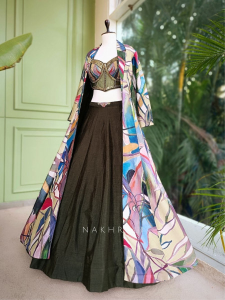 Arvaya Olive Indo Western Lehenga with Beaded Corset and Printed Jacket