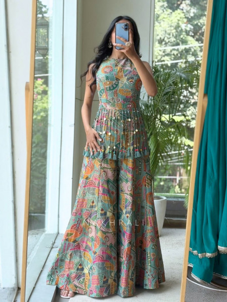 Ghungroo Melody Blue Modal Satin Blend – Indo-Western Palazzo Set