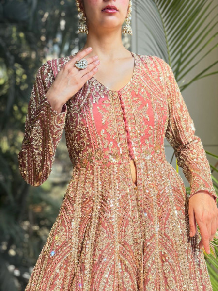 Blush Bloom Pink Achkan Pattern Lehenga with Zari Sequin Work