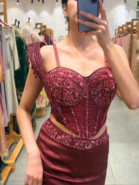 Sorvella Wine Indo-Western Skirt Set with Sequin Corset